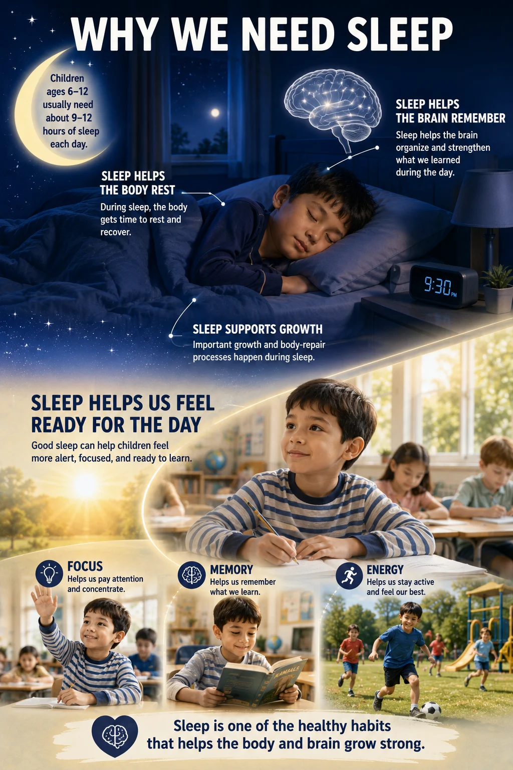 Educational sleep poster showing nighttime rest, a subtle brain visualization, classroom focus, confident memory, and active recess energy.