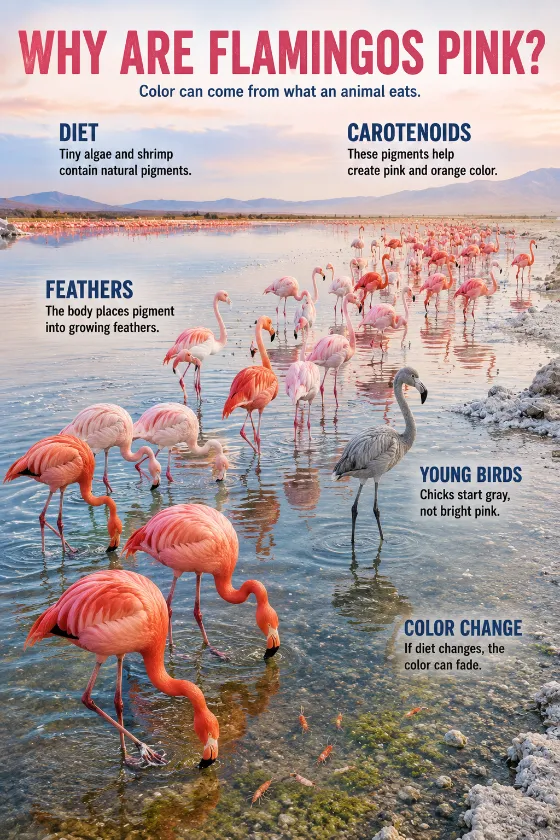Educational flamingo lagoon scene showing gray, pale pink, and bright pink birds with labels about diet, carotenoids, feather growth, and color change.