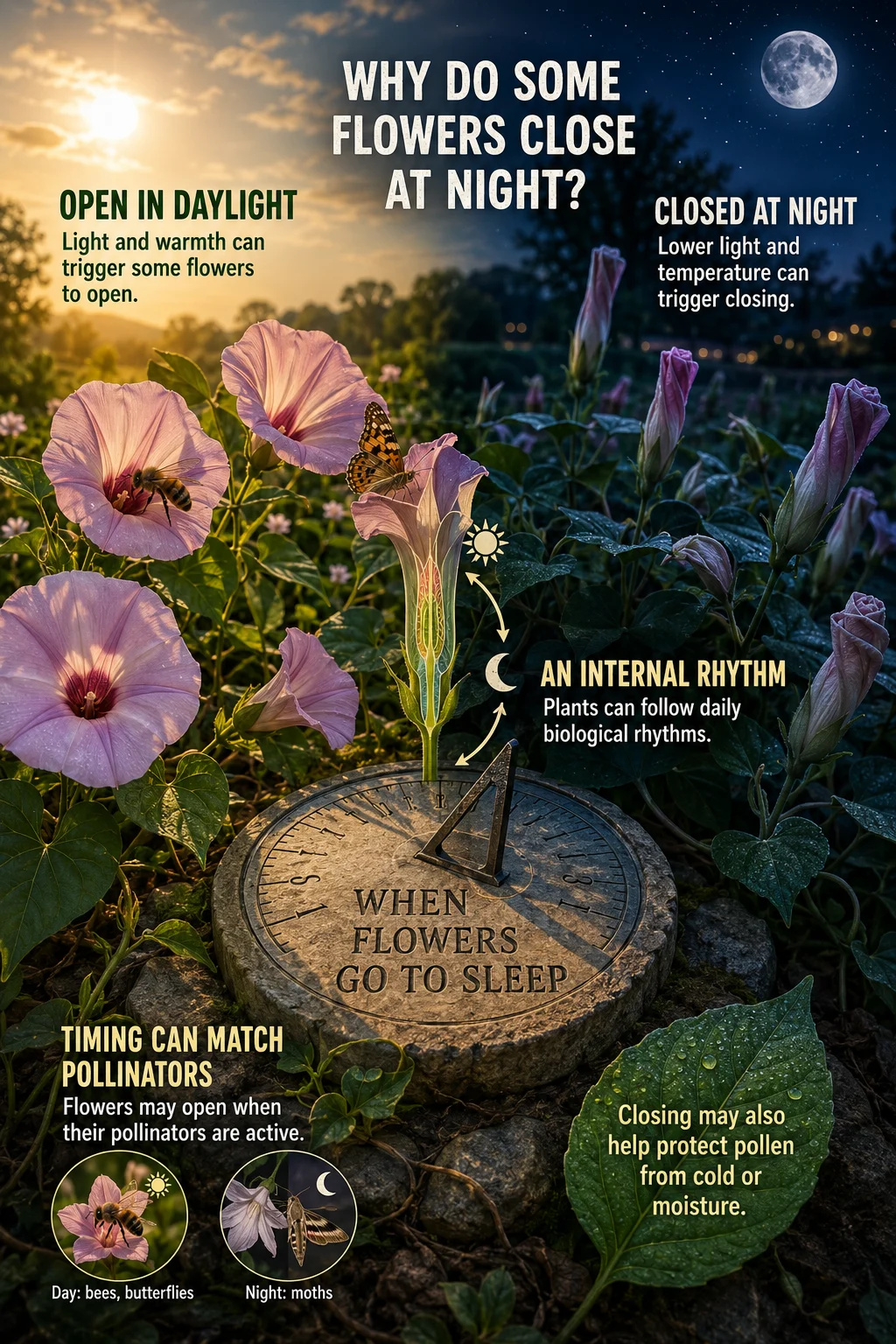 Educational botanical scene with open daytime flowers, closed nighttime flowers, pollinators, a sundial, and a biological rhythm overlay.