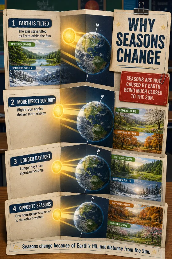 Educational fold-out chart showing Earth at four seasonal positions with consistent axial tilt, sunlight bands, surface scenes, and a misconception card.