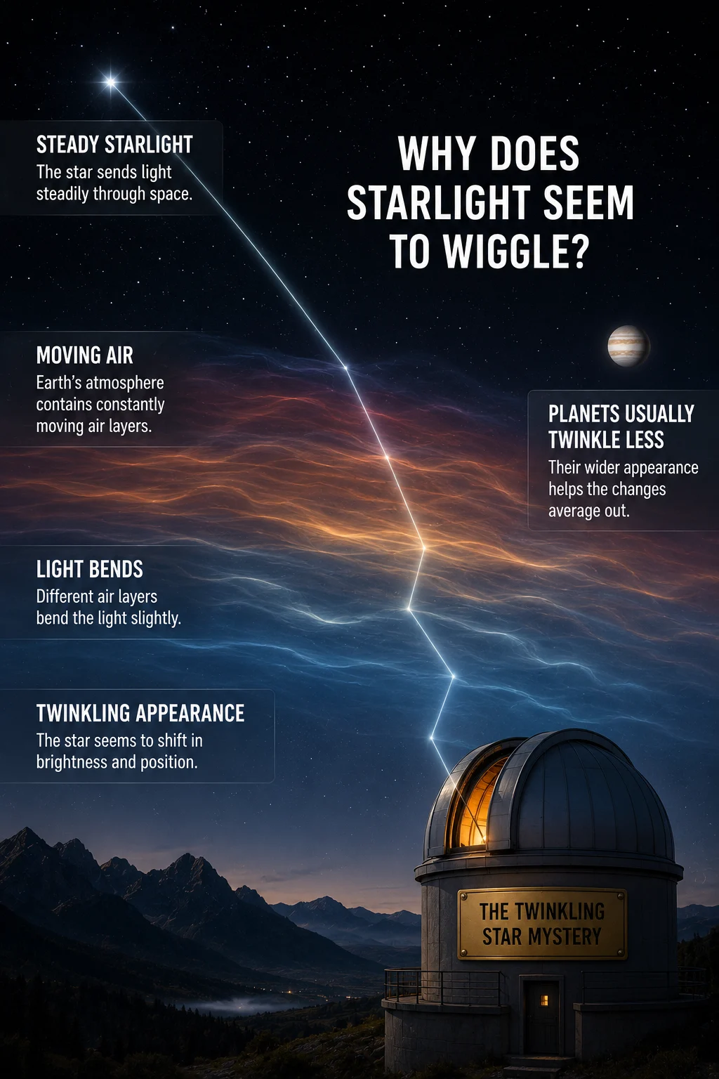Educational night scene with a distant star, subtly bending light, atmospheric air regions, an observatory, mountains, and a bright planet comparison.