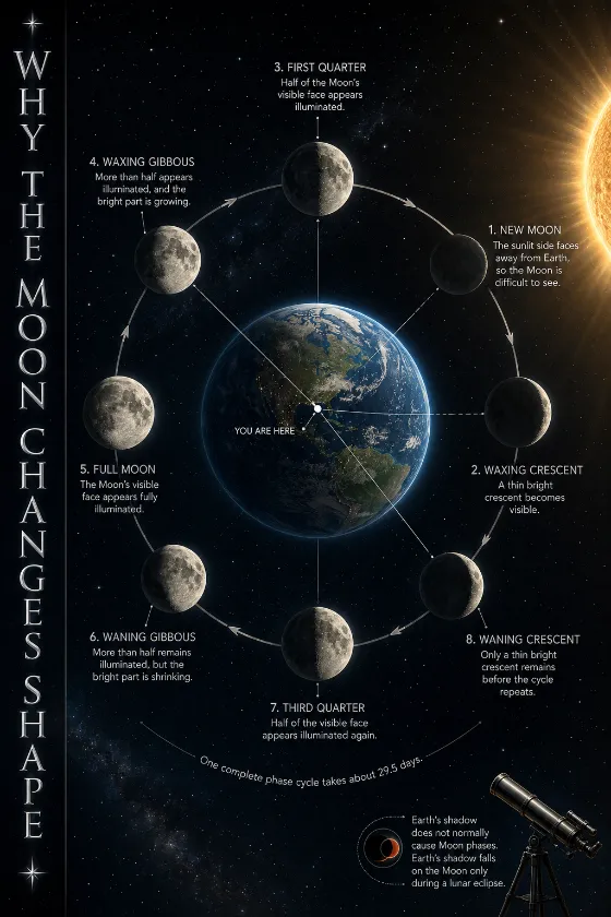 Vertical astronomy poster showing Earth, the Sun on the right, and eight Moon phases around Earth with labels explaining the lunar cycle.