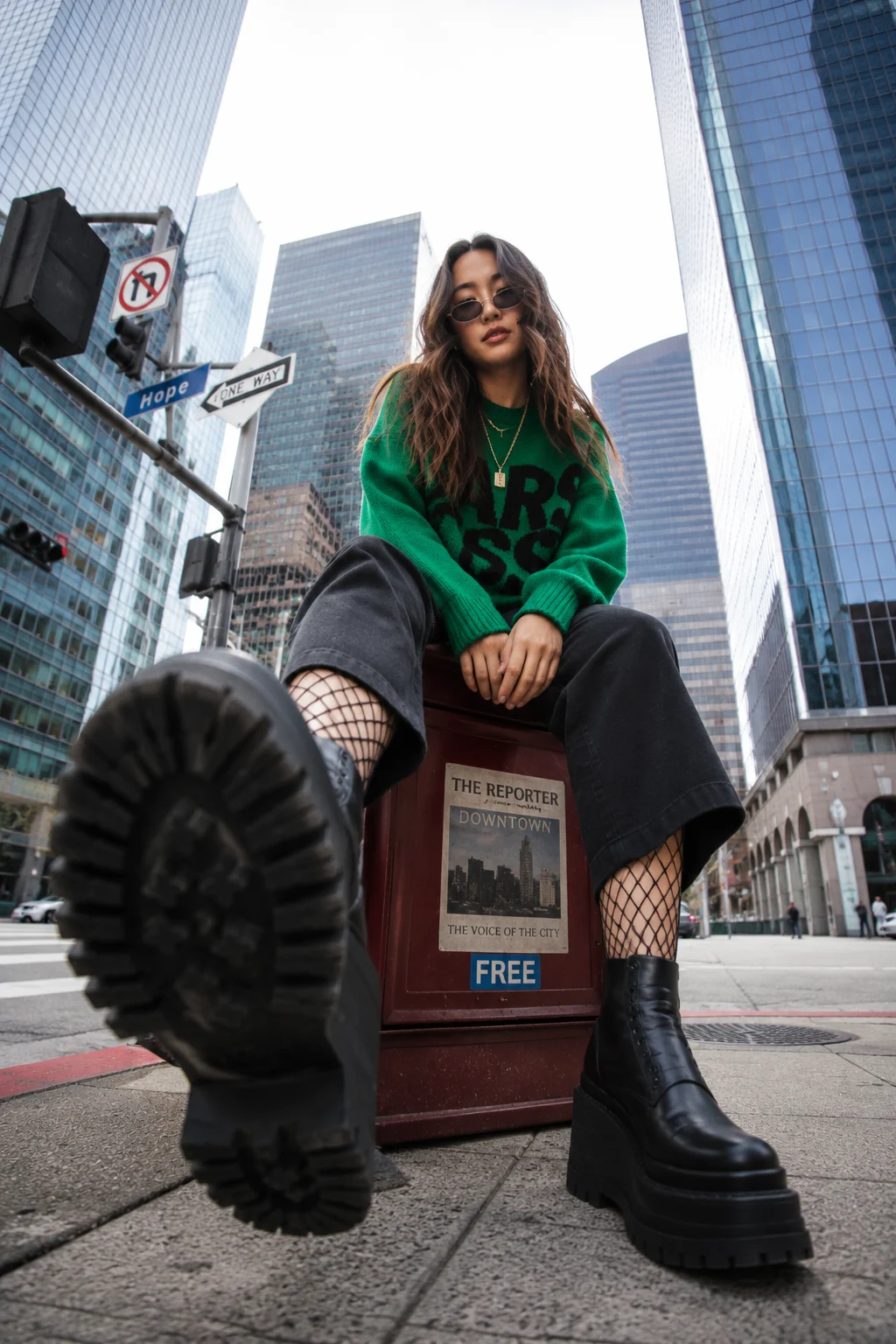 Fashion subject seated on a newspaper box with one platform boot extended toward a low-angle camera in a modern downtown street.