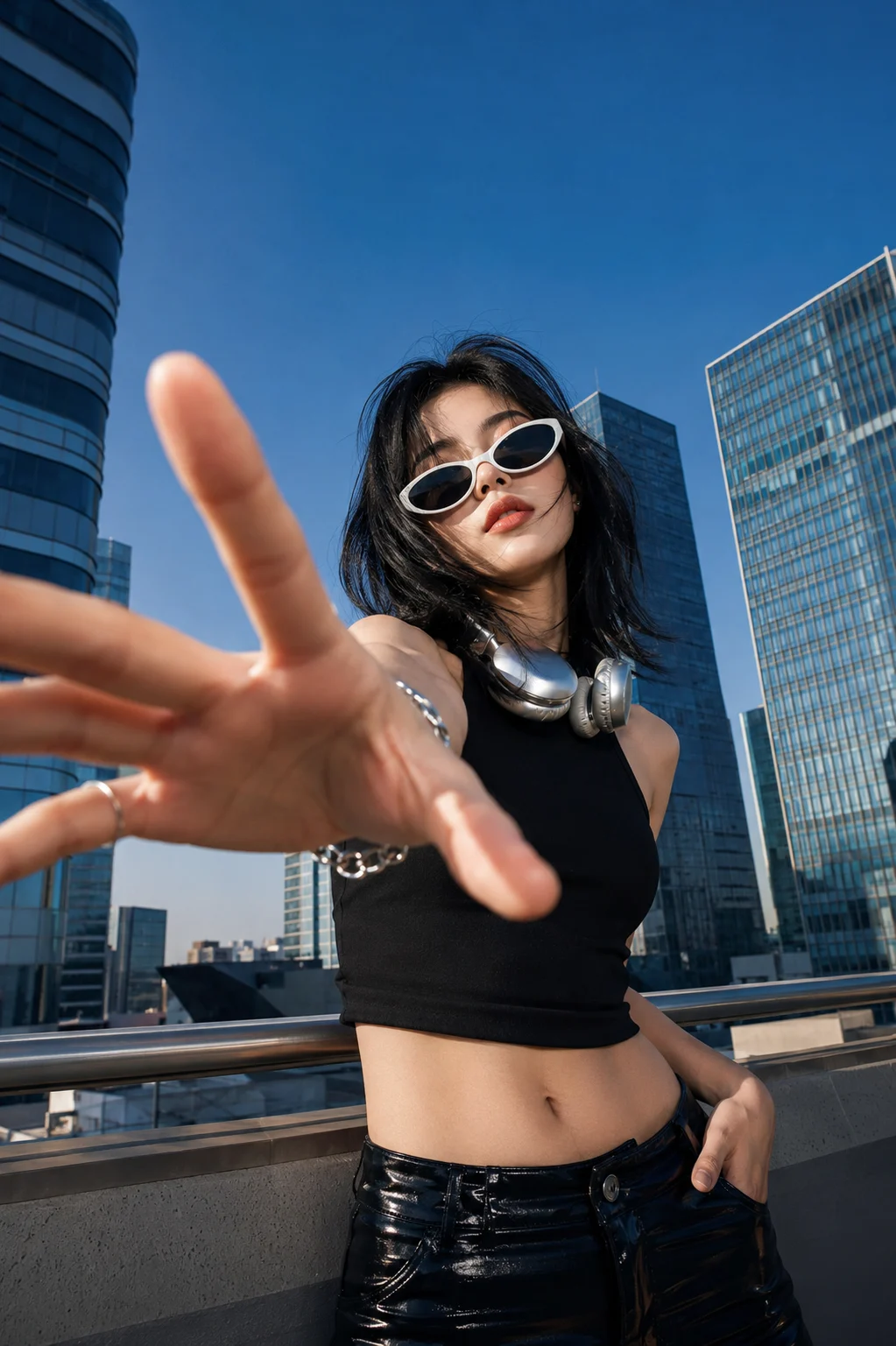 Editorial rooftop portrait with dramatic foreground perspective and modern architecture.