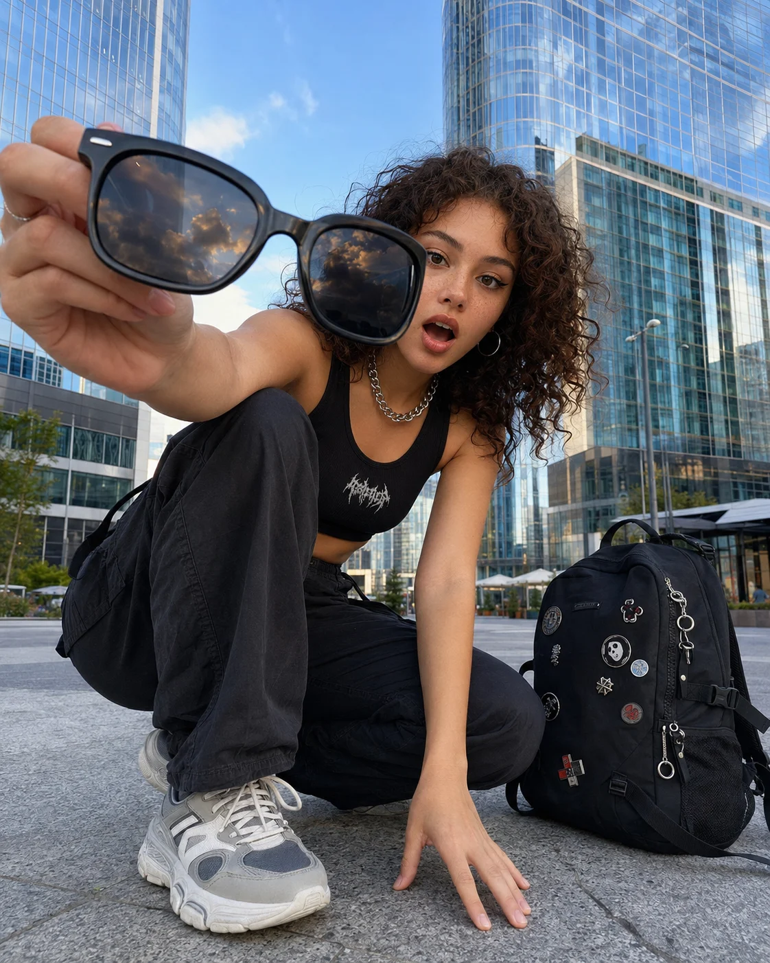 Urban street-fashion portrait of a woman crouching in black cargo trousers with sunglasses near the lens, silver jewelry, sneakers, and a decorated backpack.