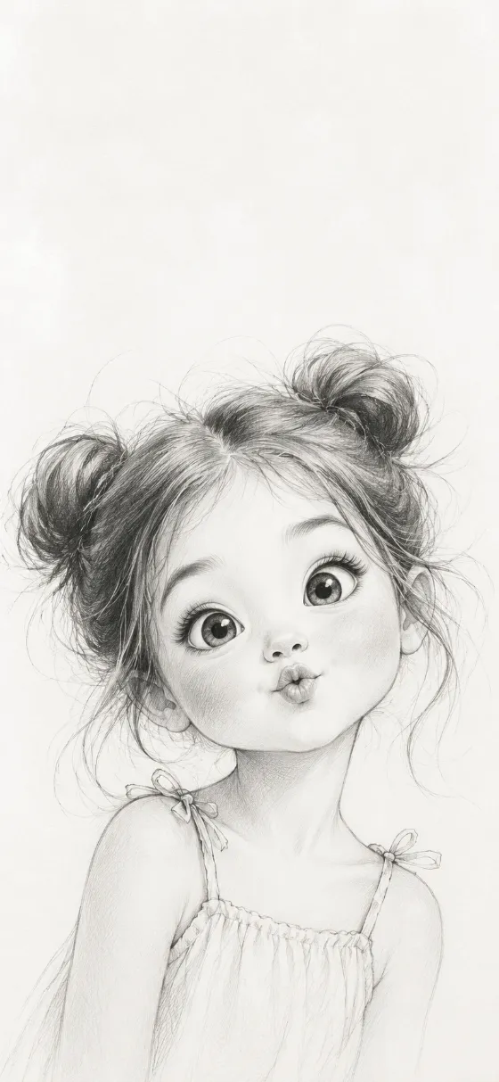 Cute wide-eyed cartoon girl in monochrome pencil sketch style with messy hair buns and a white paper background.