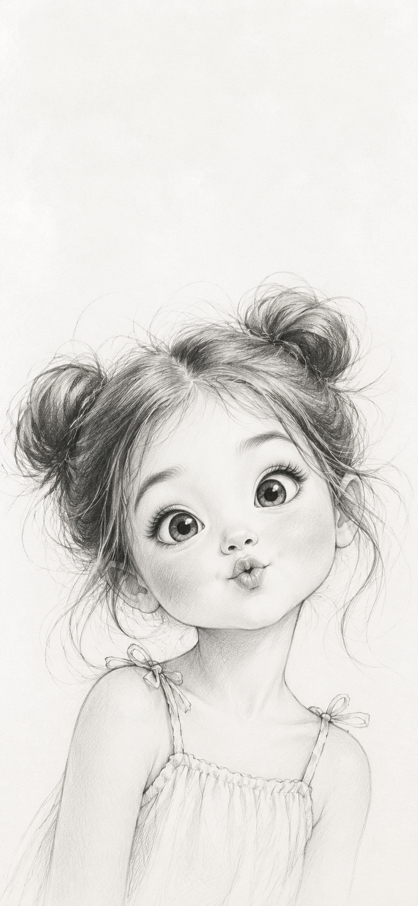 Cute wide-eyed cartoon girl in monochrome pencil sketch style with messy hair buns and a white paper background.