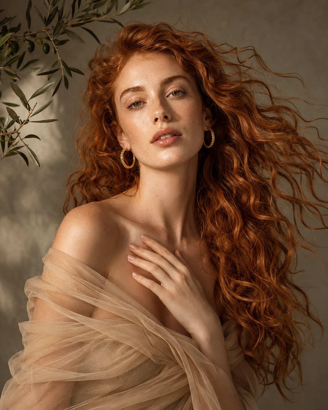 Beauty-fashion portrait of a woman with flowing copper hair, beige chiffon and gold hoops against a warm taupe studio background.