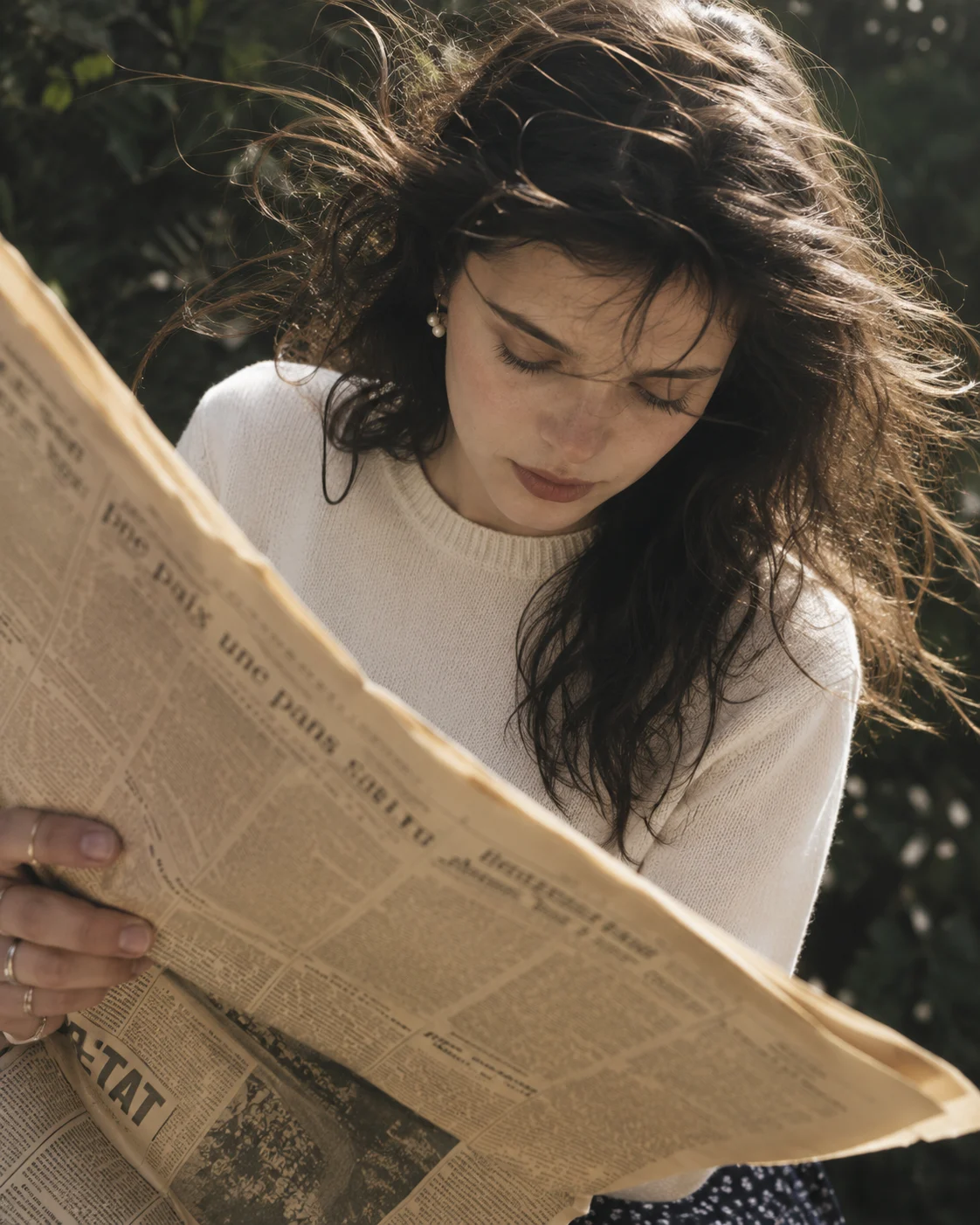 High-angle outdoor fashion portrait with cream knit top, patterned skirt, wind-swept hair, and yellowed newspaper.