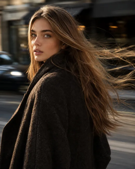 Vertical editorial portrait of a young model with flowing brown hair and a dark coat against a warmly lit motion-blurred urban street.