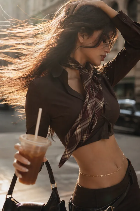 Warm backlit street fashion editorial scene with wind swept hair, cropped brown shirt, plaid scarf, iced drink, and golden urban bokeh.