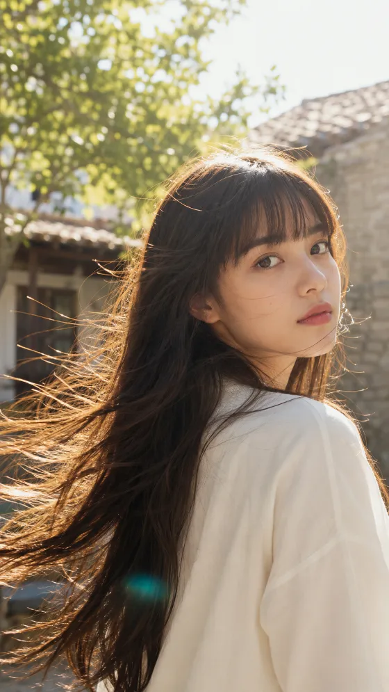 Vertical outdoor portrait with flowing dark hair, soft eye contact, golden rim light, leafy bokeh, and rustic stone architecture.