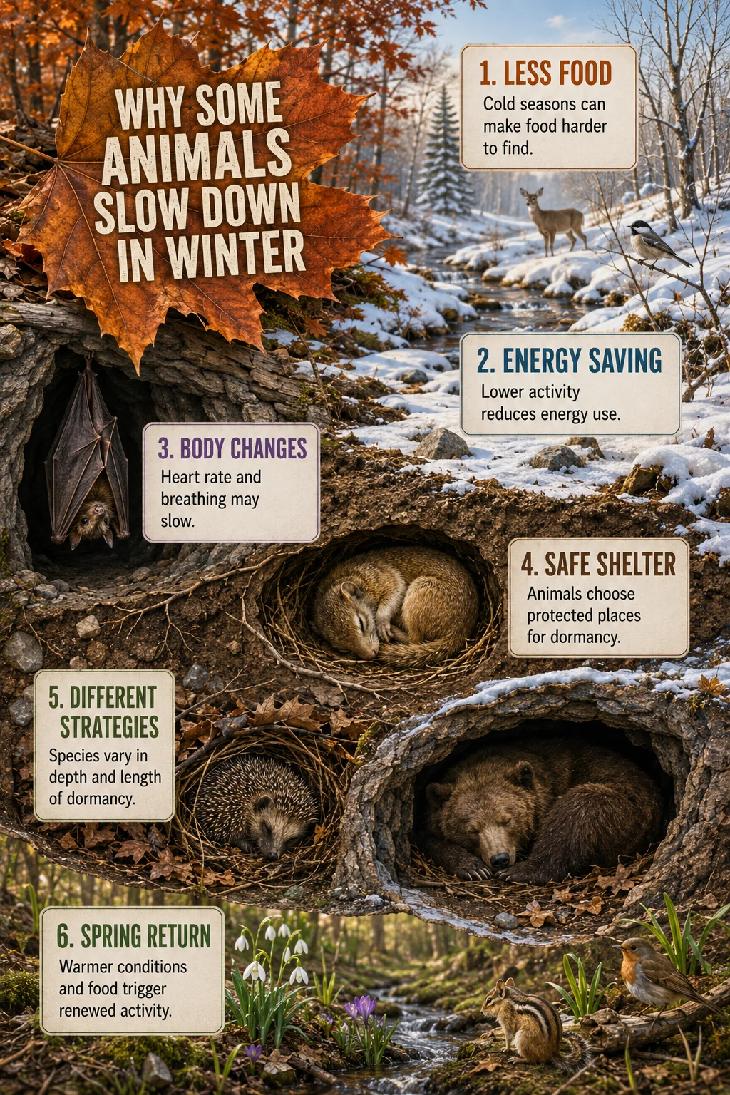 Educational winter wildlife scene with four animals resting in distinct shelters across autumn, snow, underground cutaways, and early spring growth.