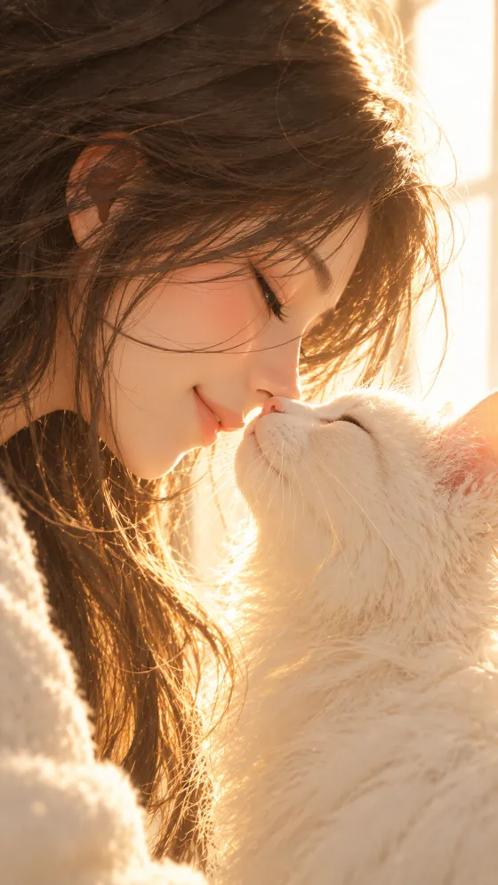 Anime-inspired woman with flowing brown hair touching noses with a fluffy white cat in warm backlight.