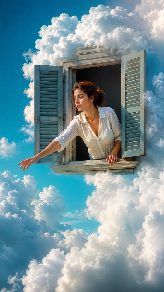 Surreal cloudscape with a woman leaning from a floating window under bright sunlight.