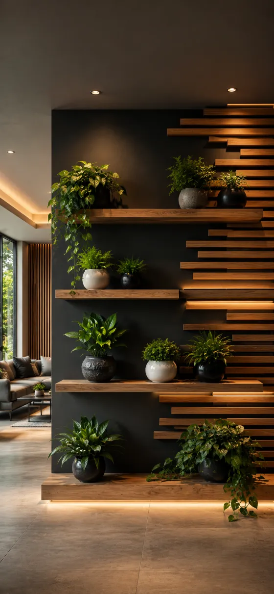Modern charcoal wall with floating wooden shelves, horizontal slats, potted plants, ceramic planters, and warm lights.