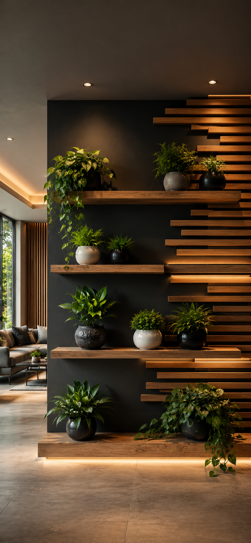 Modern charcoal wall with floating wooden shelves, horizontal slats, potted plants, ceramic planters, and warm lights.