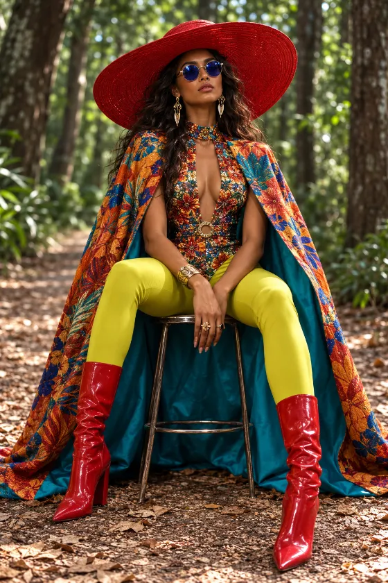 Young Polynesian fashion subject seated on a forest path wearing a large scarlet hat, blue sunglasses, multicolored cape, chartreuse leggings, and red boots.