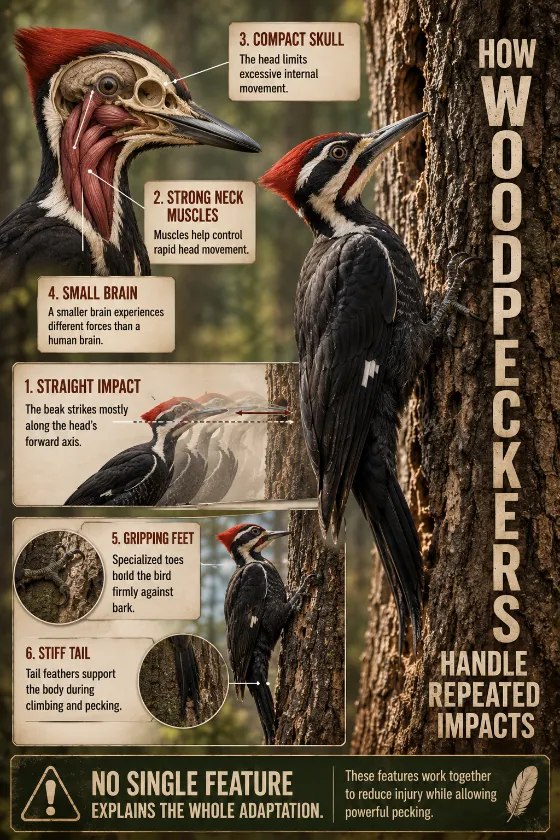Educational woodpecker anatomy poster with realistic bird on tree trunk, head-and-neck cutaway, and labels explaining impact alignment, neck muscles, skull, feet, and tail.
