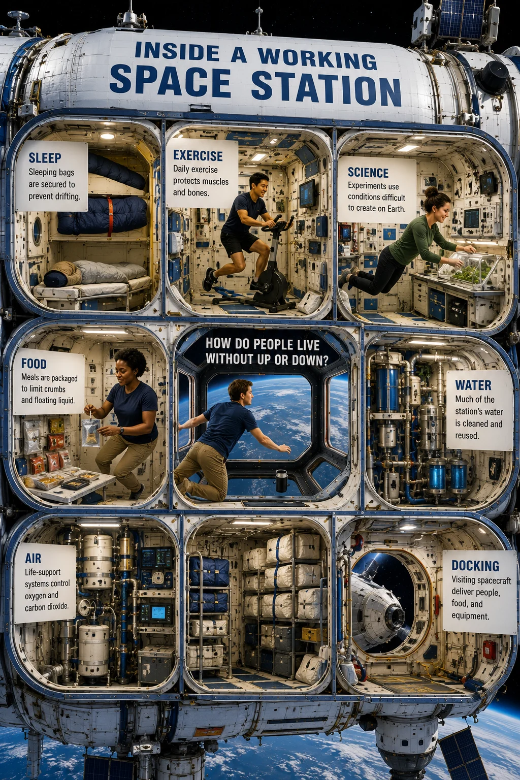 Bright 3D cutaway of a modular space station with four astronauts, sleeping, exercise, science, food, water, air, storage, observation, and docking areas.