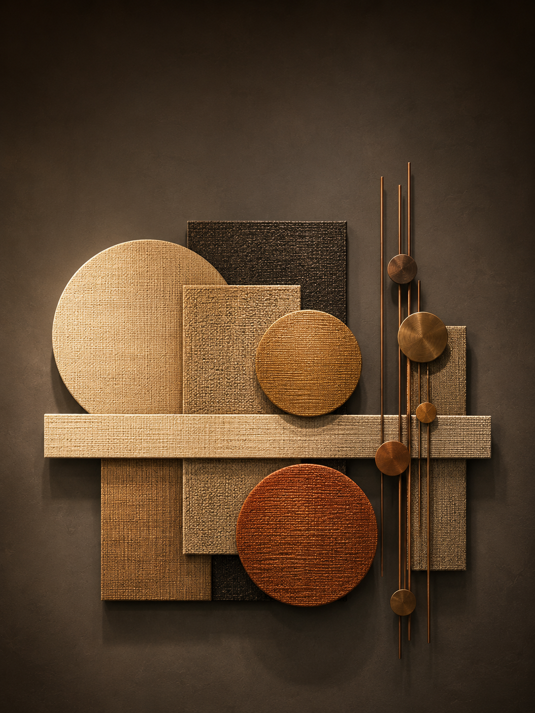 Abstract geometric wall sculpture with woven rectangles, warm circular discs, copper rods, and bronze ornaments on a dark gallery wall.