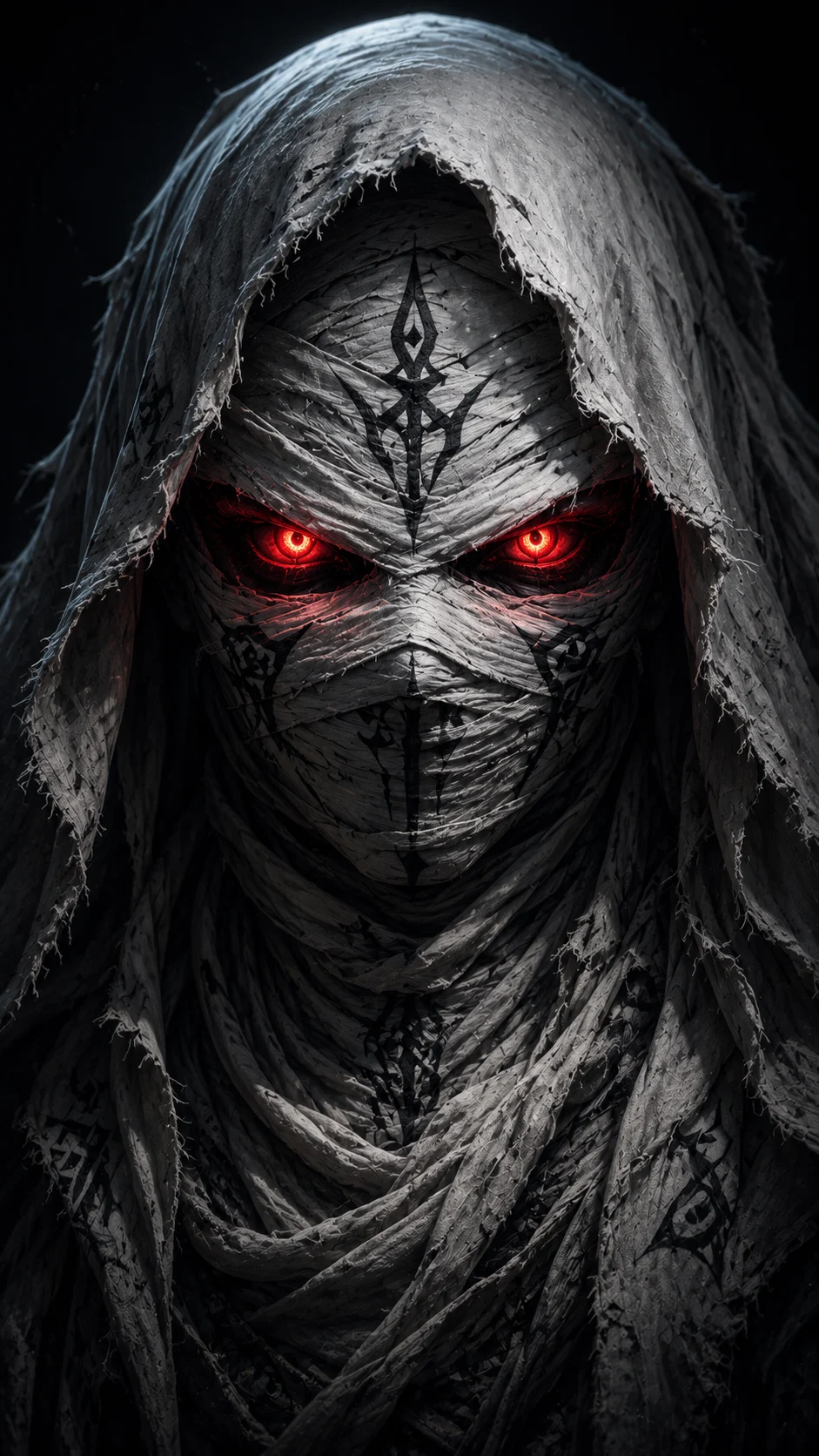 Wrapped fantasy character with glowing red eyes beneath a pale tattered hood.