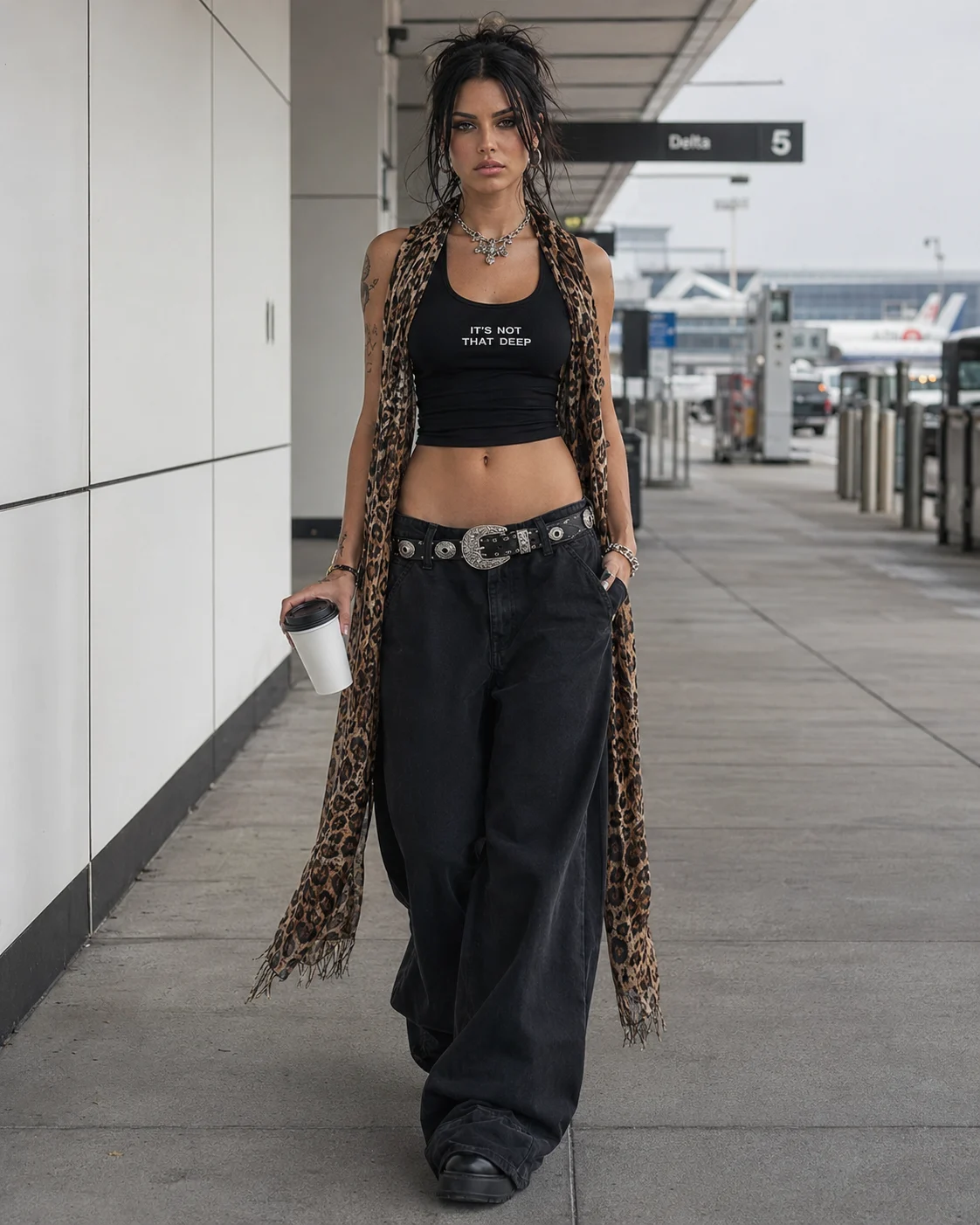 Y2K airport outfit featuring a cropped black tank, dark oversized wide-leg trousers, silver belt hardware, and animal-print scarf.