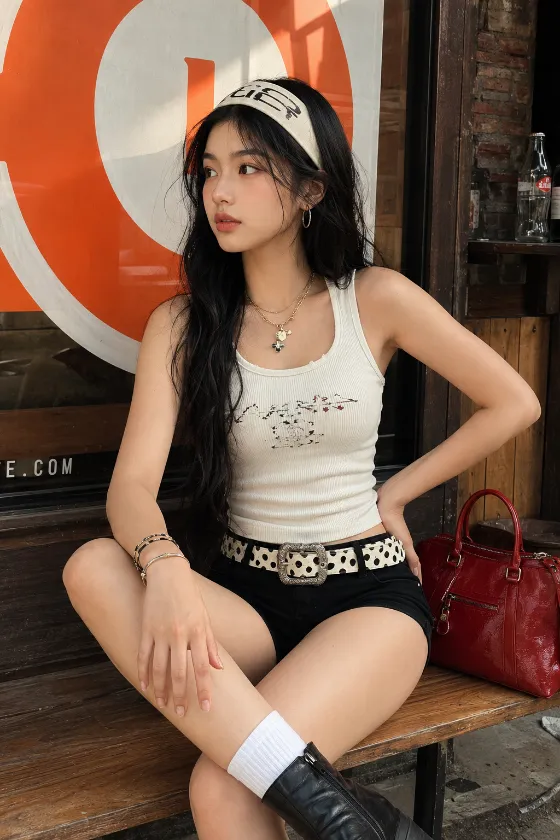 Seated Y2K café fashion portrait with an ivory tank, black shorts, ornate belt buckle, layered jewelry, black boots and a glossy cherry-red bag.