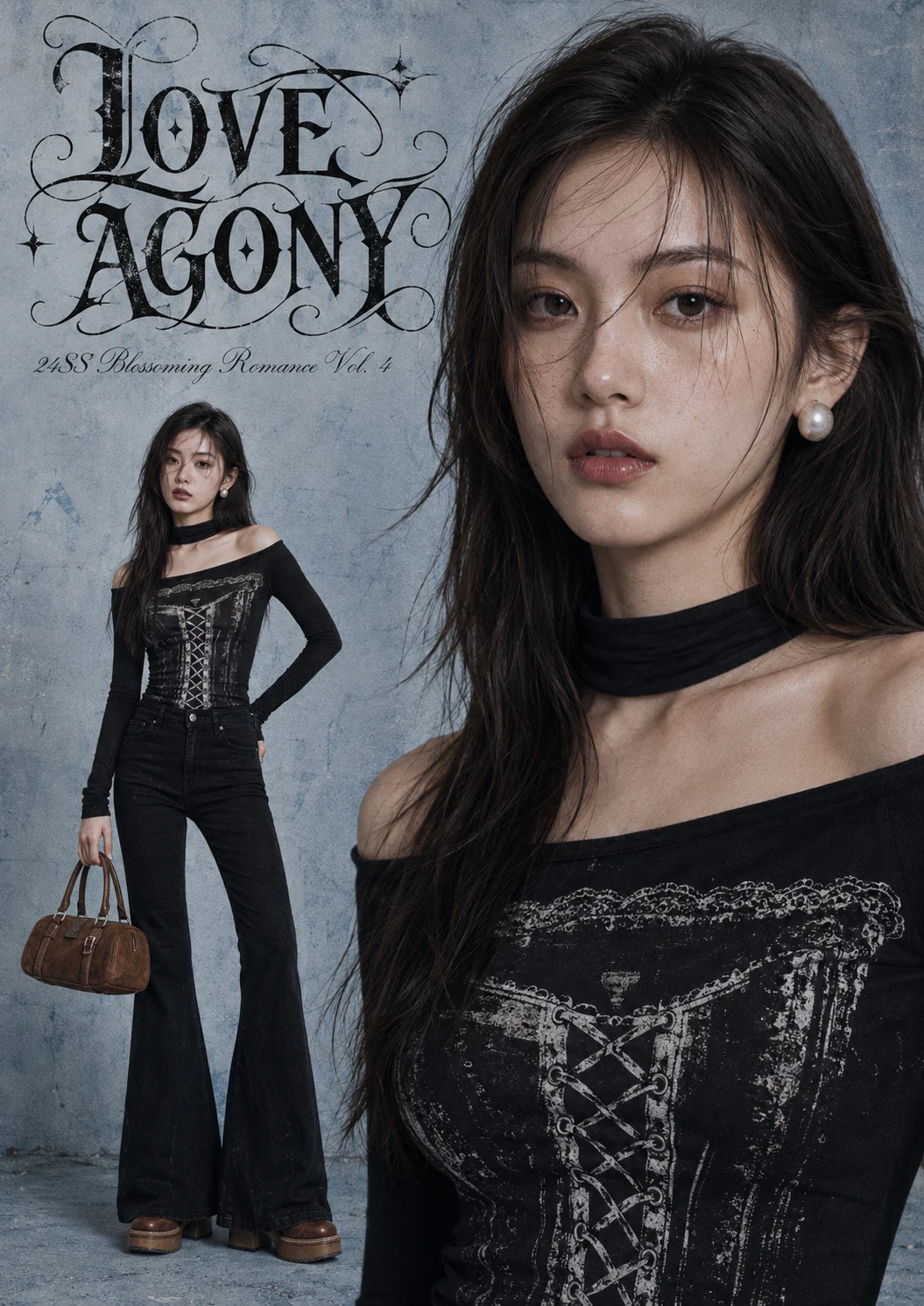Cool-toned vertical fashion poster with full-body black outfit, cognac handbag, and oversized close-up portrait.