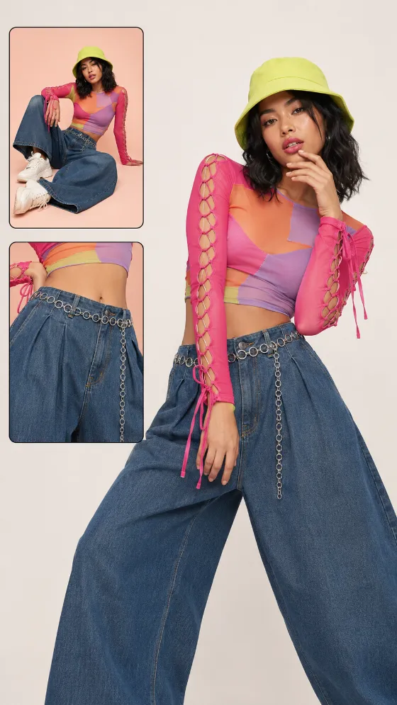 Y2K studio editorial showing a colorful mesh top, lime bucket hat, wide-leg jeans, and two framed fashion detail images.