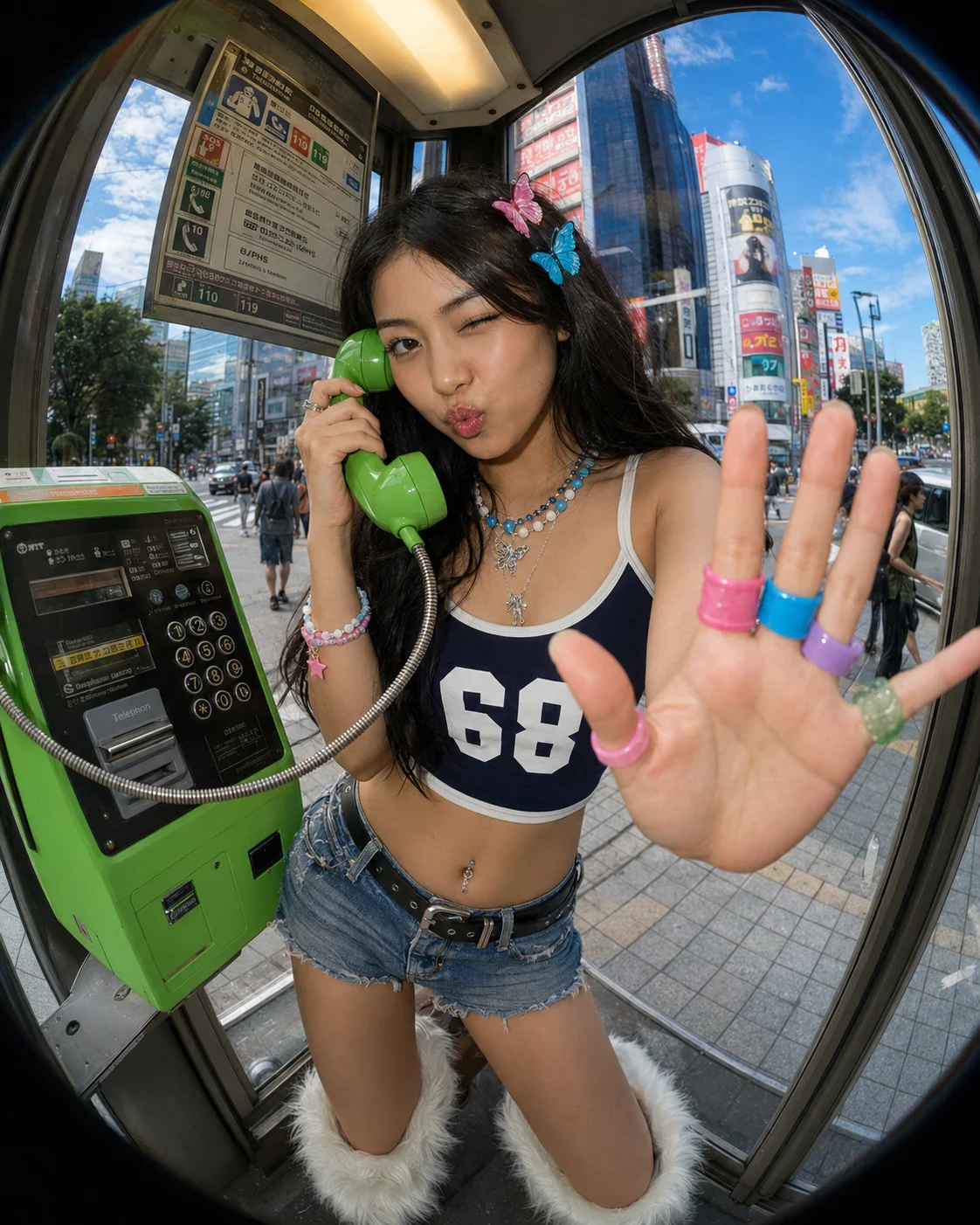 Vertical fisheye fashion portrait in a city phone booth with green payphone, ringed hand, Y2K outfit, and colorful urban background.