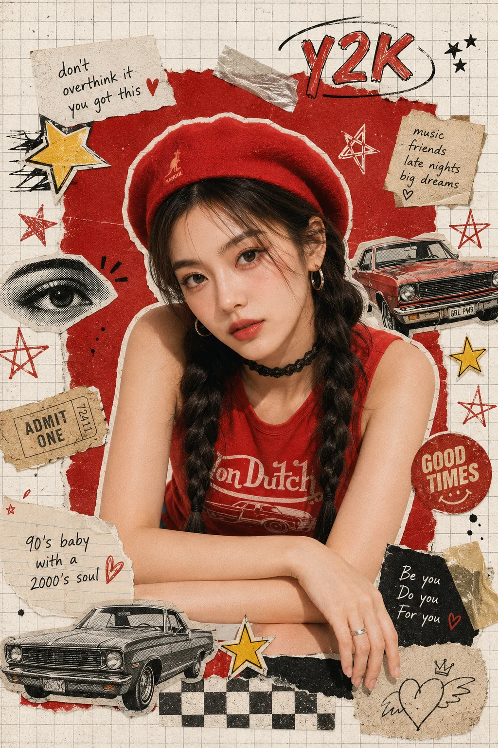 Mixed-media fashion collage with graph paper, red styling, doodles, and vintage design elements.