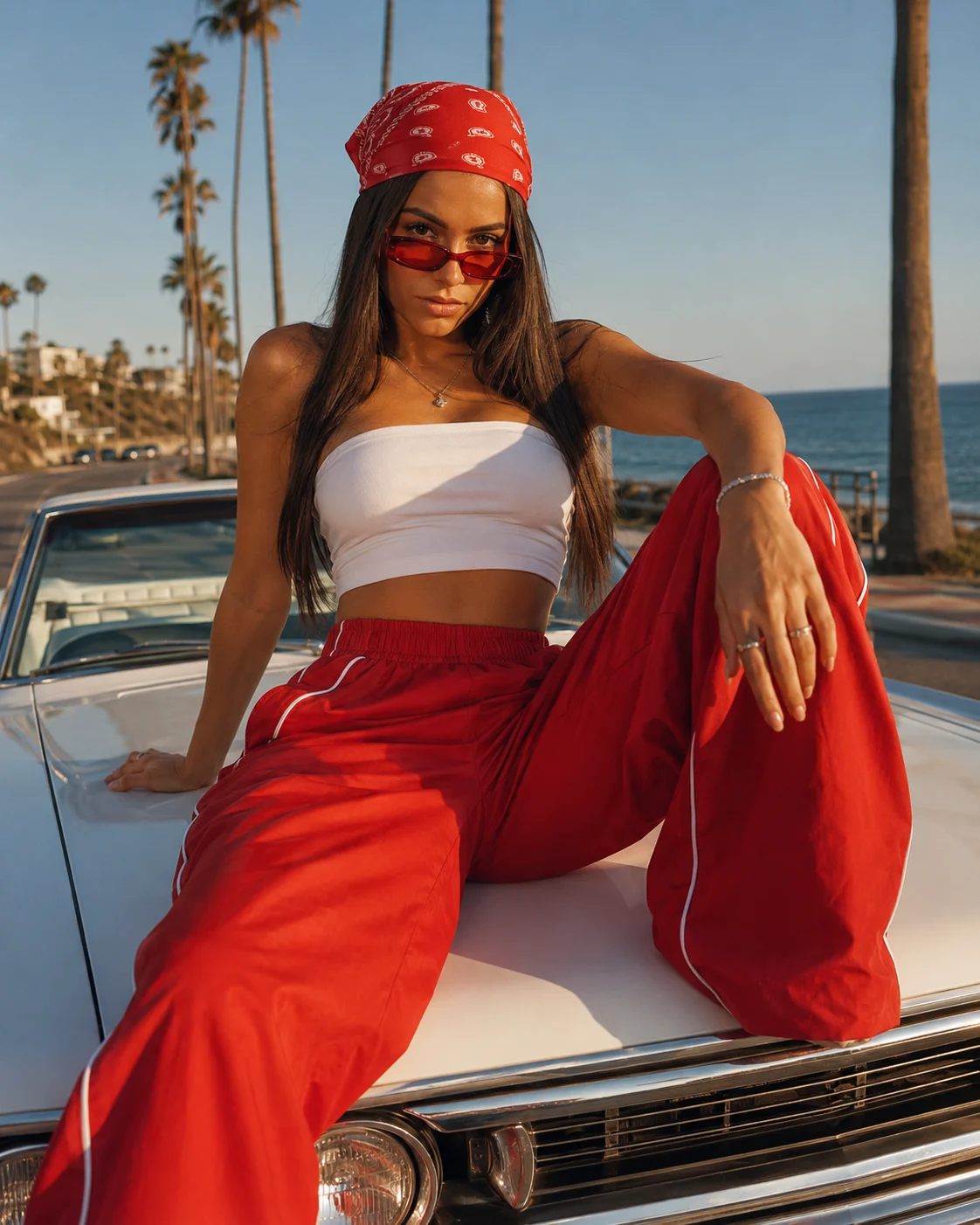 Fashion subject in a white bandeau top, red wide-leg track pants, red bandana, and red sunglasses seated on a vintage car hood by the coast.