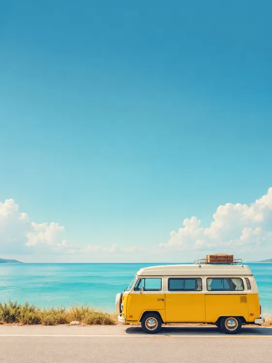 Yellow vintage camper van parked on a seaside road beside a turquoise ocean under a wide cyan sky with soft white clouds.