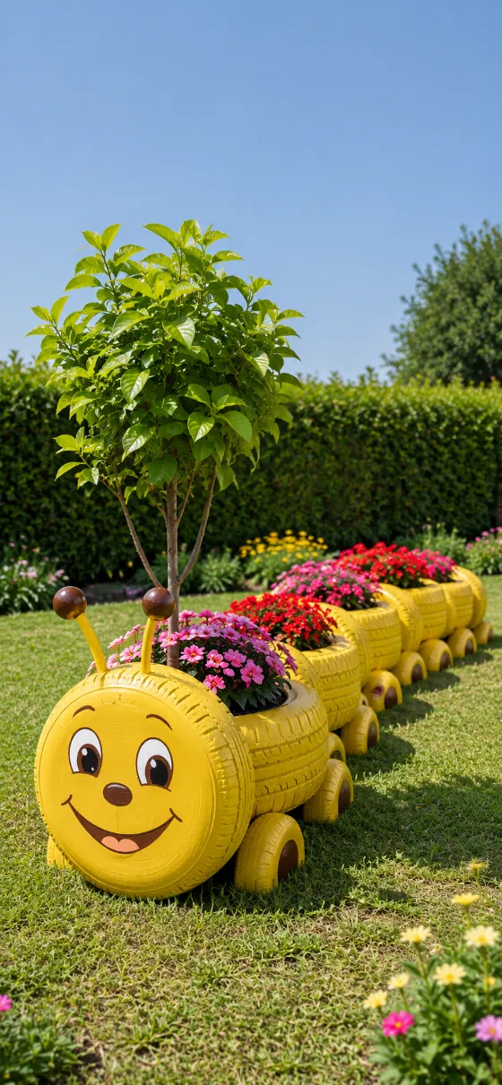 A yellow caterpillar planter made from painted tires with a smiling face, flowers, tree, lawn, and garden hedge.