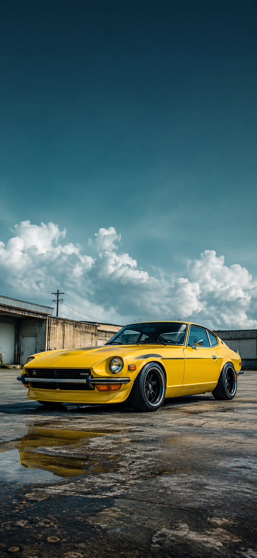 Bright yellow classic sports coupe parked in an industrial lot under a teal-blue sky with dramatic clouds.