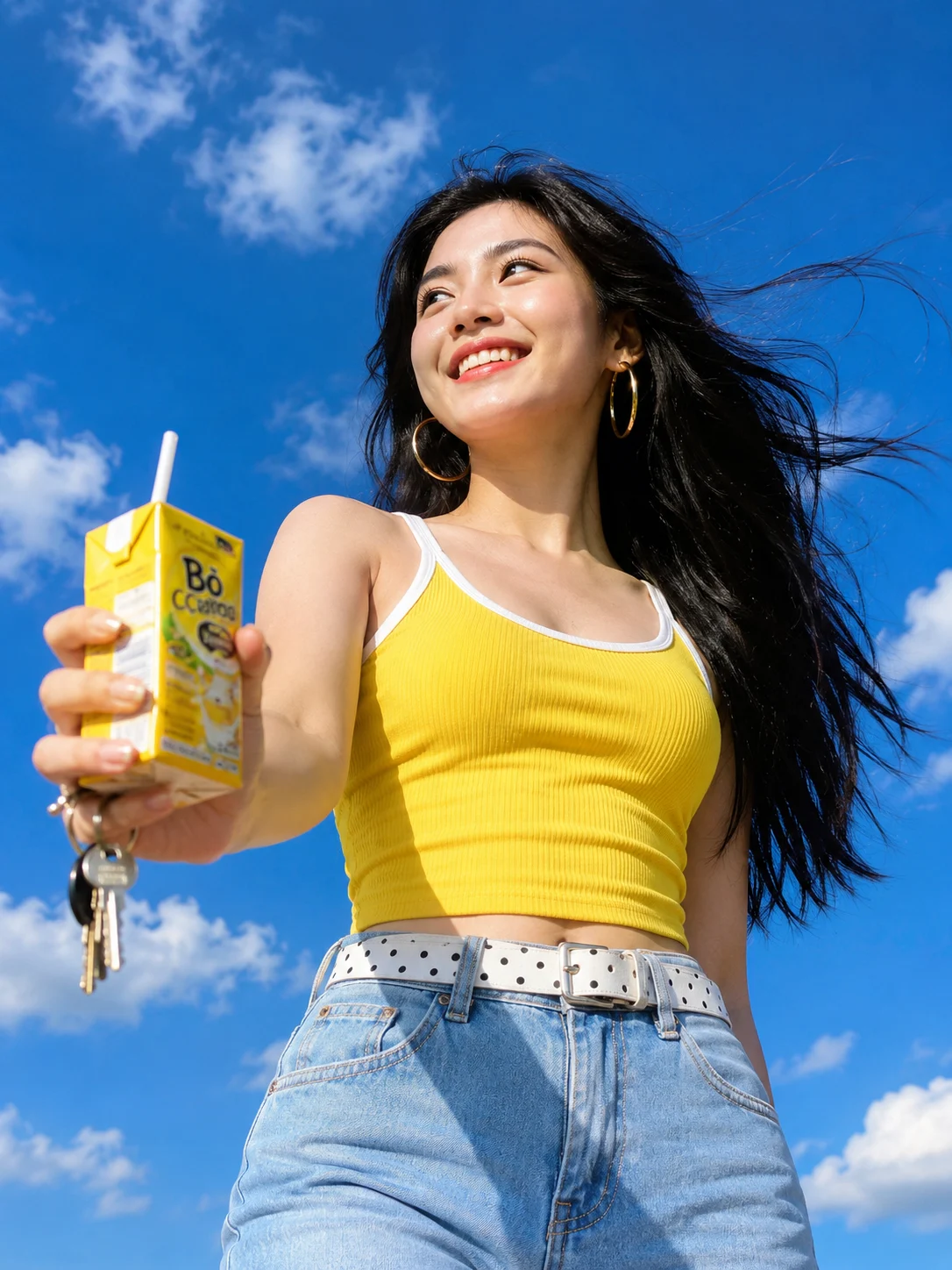 Smiling woman in a yellow cropped top holding a yellow drink carton toward the camera under a blue sky.