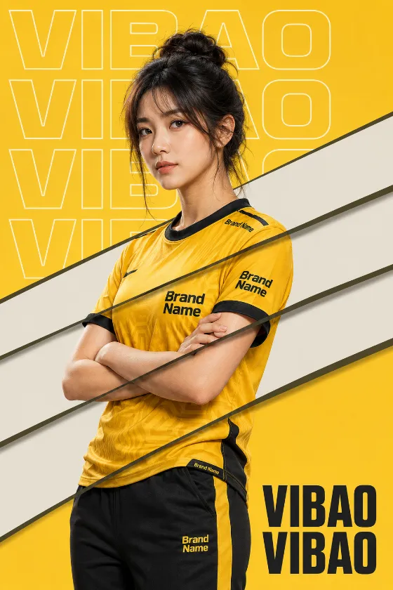 Vertical yellow esports poster with a crossed-arm female player, layered diagonal bands and bold geometric typography.