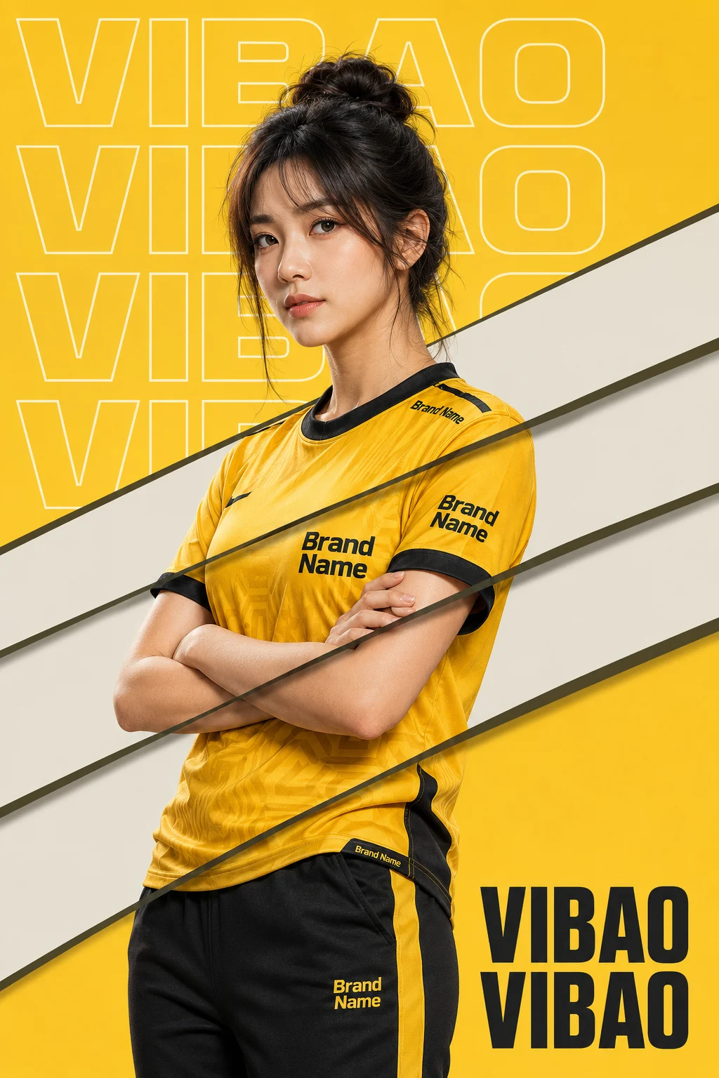 Vertical yellow esports poster with a crossed-arm female player, layered diagonal bands and bold geometric typography.