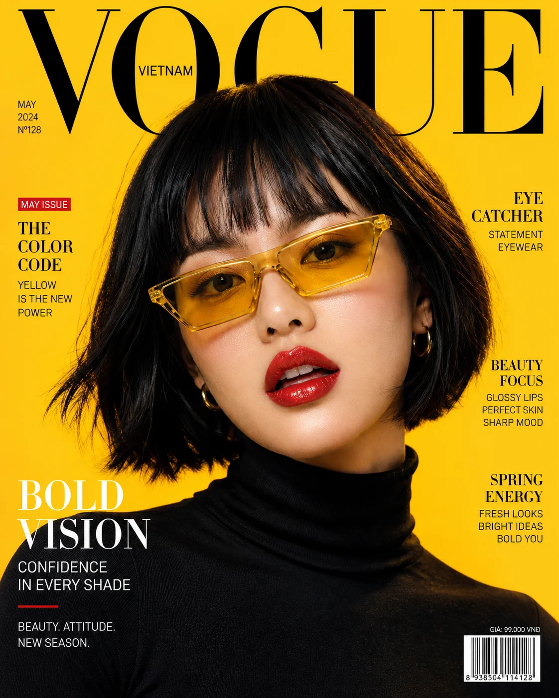 Fashion magazine cover with yellow eyewear, glossy red lips, black turtleneck styling, and a bright yellow editorial layout.