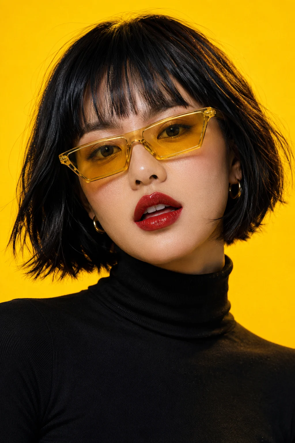 Woman in yellow tinted glasses and a black turtleneck posing against a bright yellow studio background.