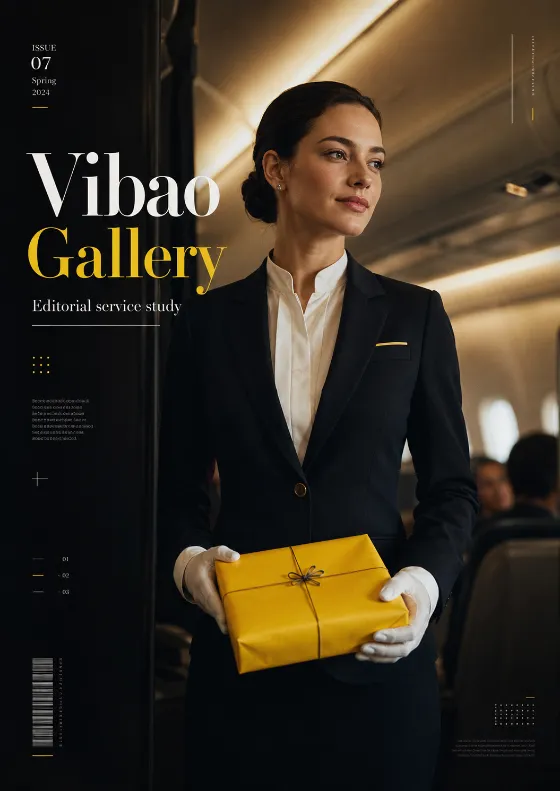 Premium cabin editorial poster with dark uniform contrast, white gloves, yellow parcel accent, and bold magazine layout.