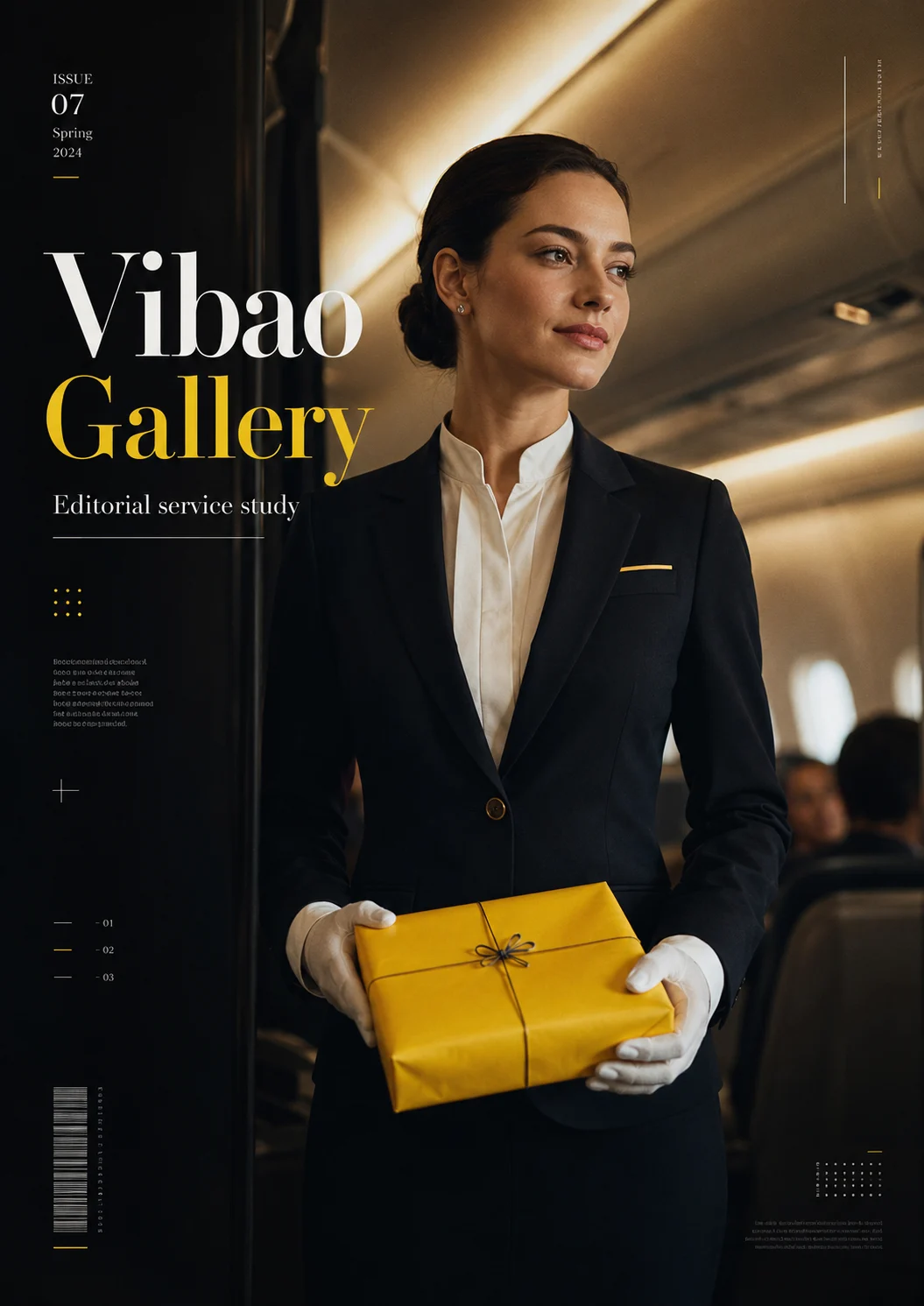 Premium cabin editorial poster with dark uniform contrast, white gloves, yellow parcel accent, and bold magazine layout.