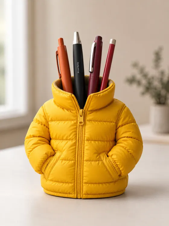 Yellow padded jacket-shaped stationery holder with four writing instruments in a softly lit interior.