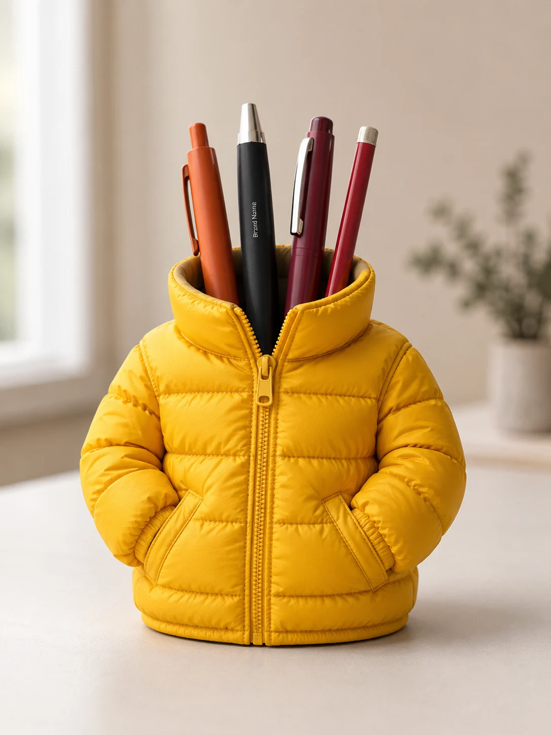 Yellow padded jacket-shaped stationery holder with four writing instruments in a softly lit interior.