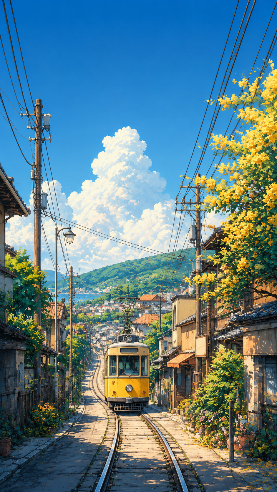 Yellow tram approaching along neighborhood railway tracks beneath a blue sky with large white clouds, green trees, storefronts, utility poles, and overhead wires.