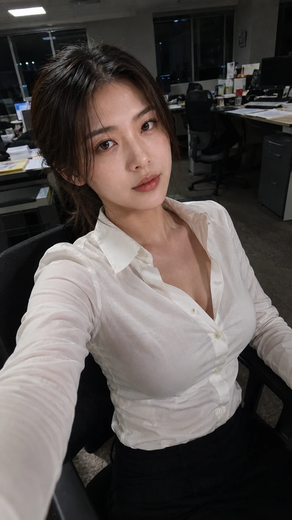sneaker ad, fashion portrait, woman, dim office interior at night with cluttered desk and office chair, standing pose, shown with iPhone-style photo s