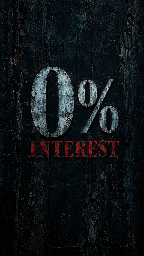 Dark phone wallpaper featuring distressed pale blue-gray 0% typography above red INTEREST lettering.