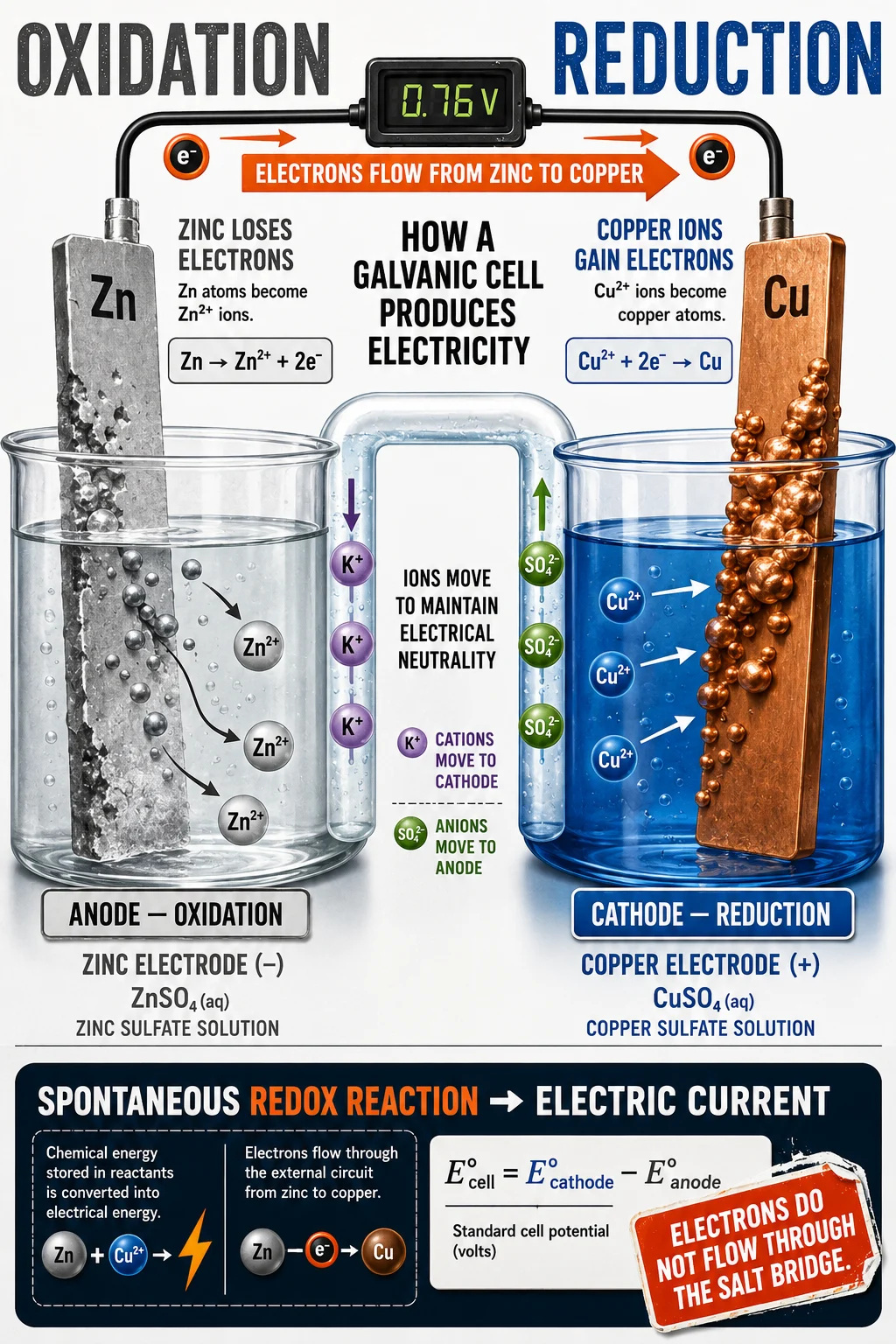 Educational zinc–copper cell diagram showing oxidation, reduction, electron flow, salt-bridge ions, electrode changes, and the cell-potential equation.