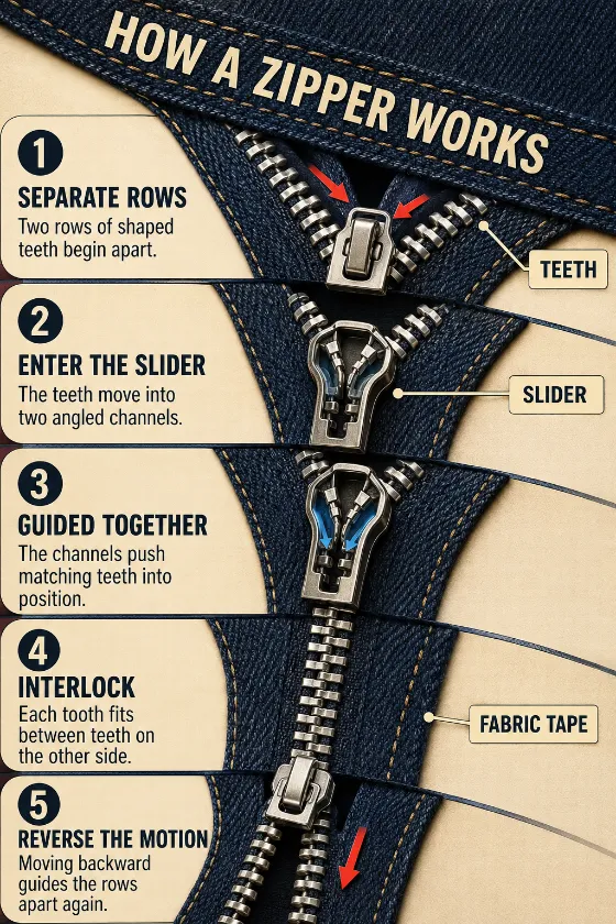 Macro cutaway of a zipper on dark denim showing separated teeth entering the slider, interlocked teeth, and reverse separation with labeled parts.
